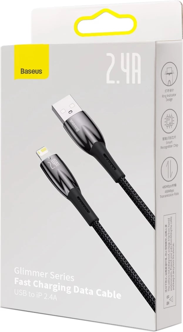 Kabllo Baseus Glimmer Series USB-A në Lightning, 2m, 2.4A, e zezë