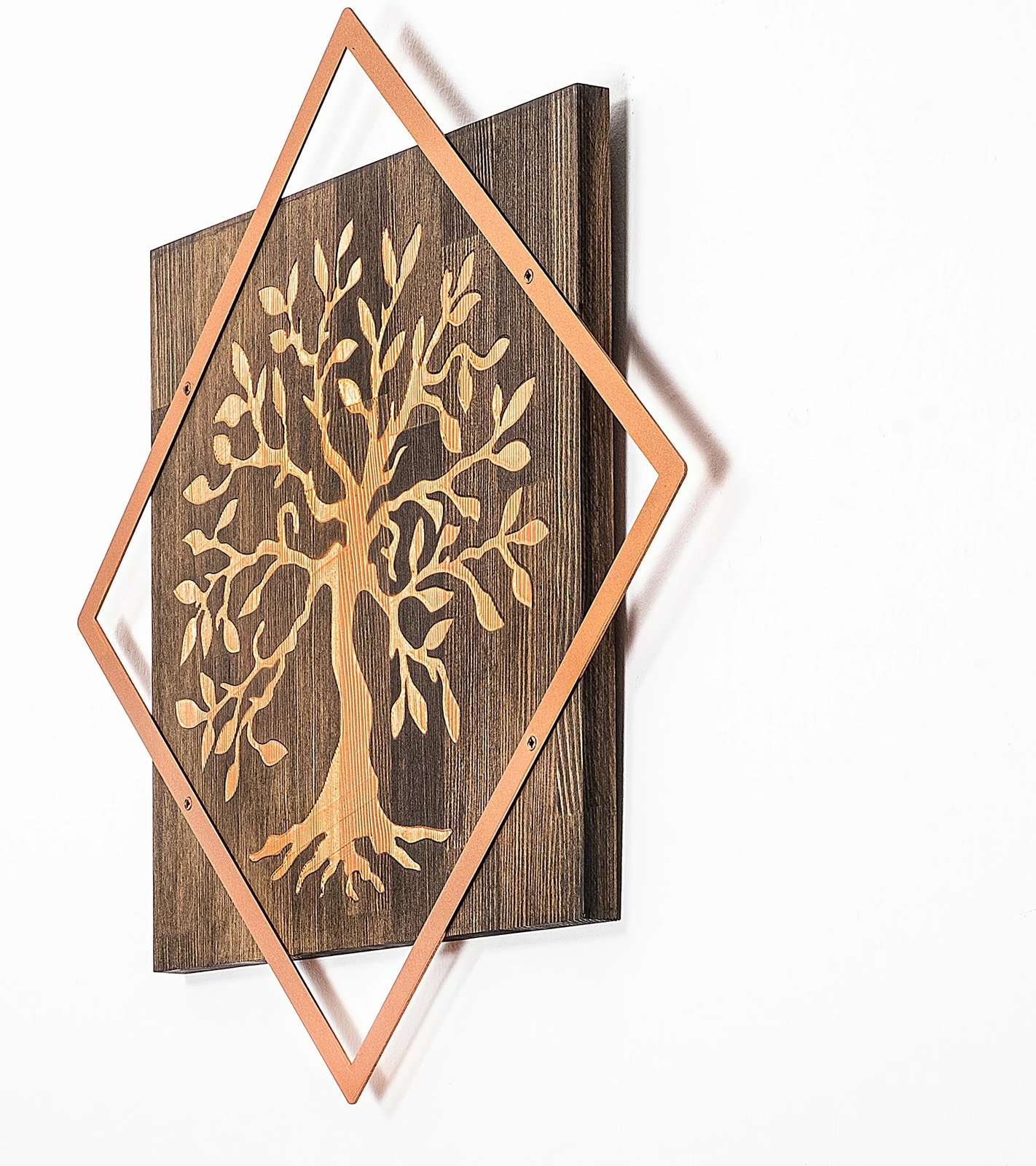 Aksesor dekorativ për mur, dru dhe bakër, Wallity, pemë v2, ngjyrë arre-bakër