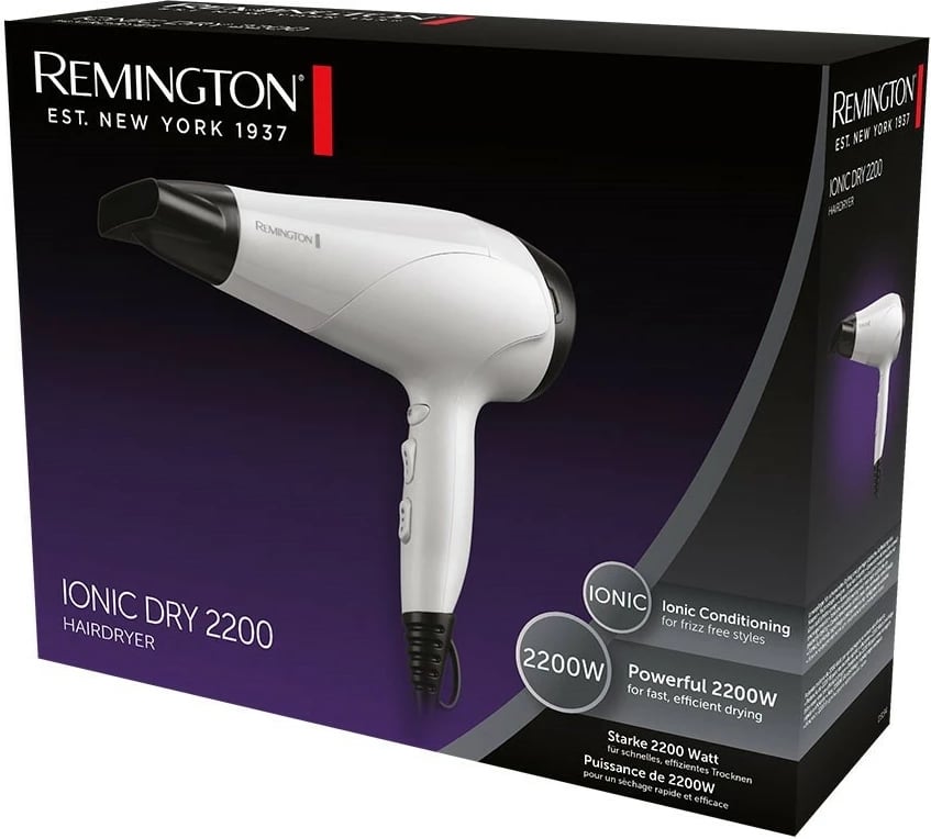 Tharëse flokësh Remington D3194, 2200 W, jonizim, e bardhë, me koncentrator dhe difuzor