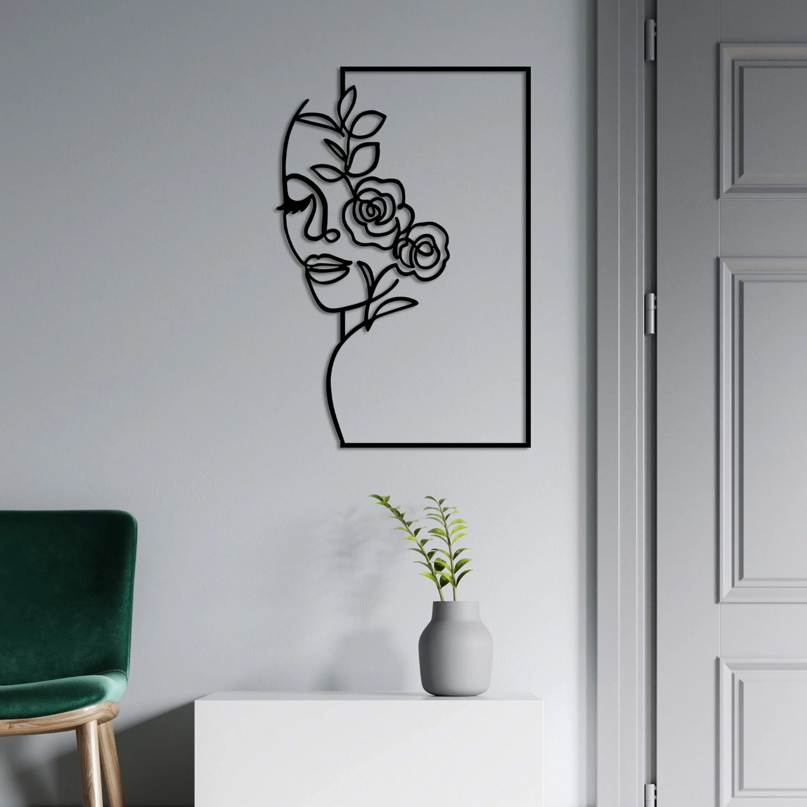 Aksesor dekorativ metalik për mur, Wallity, grua me lule, i zi, L