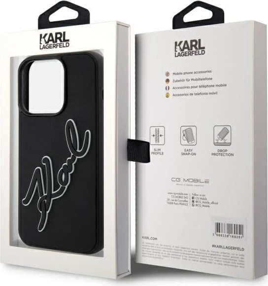Mbështjellës Karl Lagerfeld 3D Rubber Signature për iPhone 15 Pro, i zi