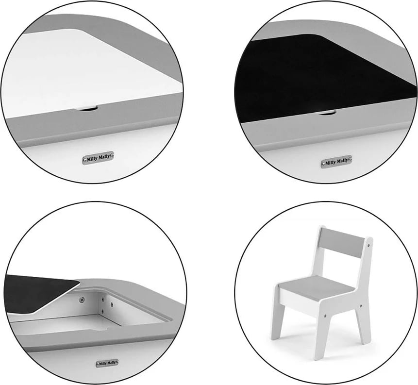 set tavolinë + 2 karrige fëmijësh, Milly Mally Olaf, kapak i dyanshëm me tabelë shkumësi, hapësira magazinimi, MDF, gri