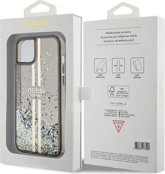 Mbështjellës Guess Liquid Glitter Gold Stripes për iPhone 15 Plus / 14 Plus, e zezë