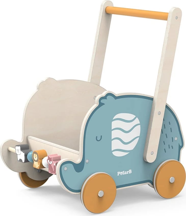 Karrocë ecëse druri fagu, Viga Elephant, rrota me gomë antirrëshqitëse, 12m+, multingjyrësh