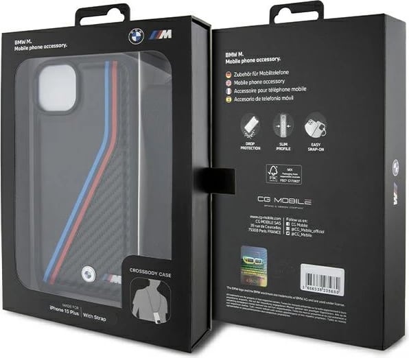Mbështjellës BMW M Edition Carbon Tricolor Lines & Strap për iPhone 15/14/13, i zi