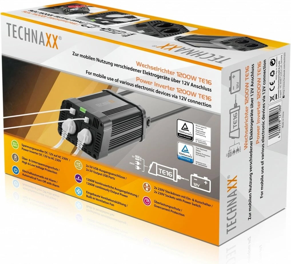 Inverter Technaxx TE16, 1200W, 2x 230V AC, 2x USB, zi
