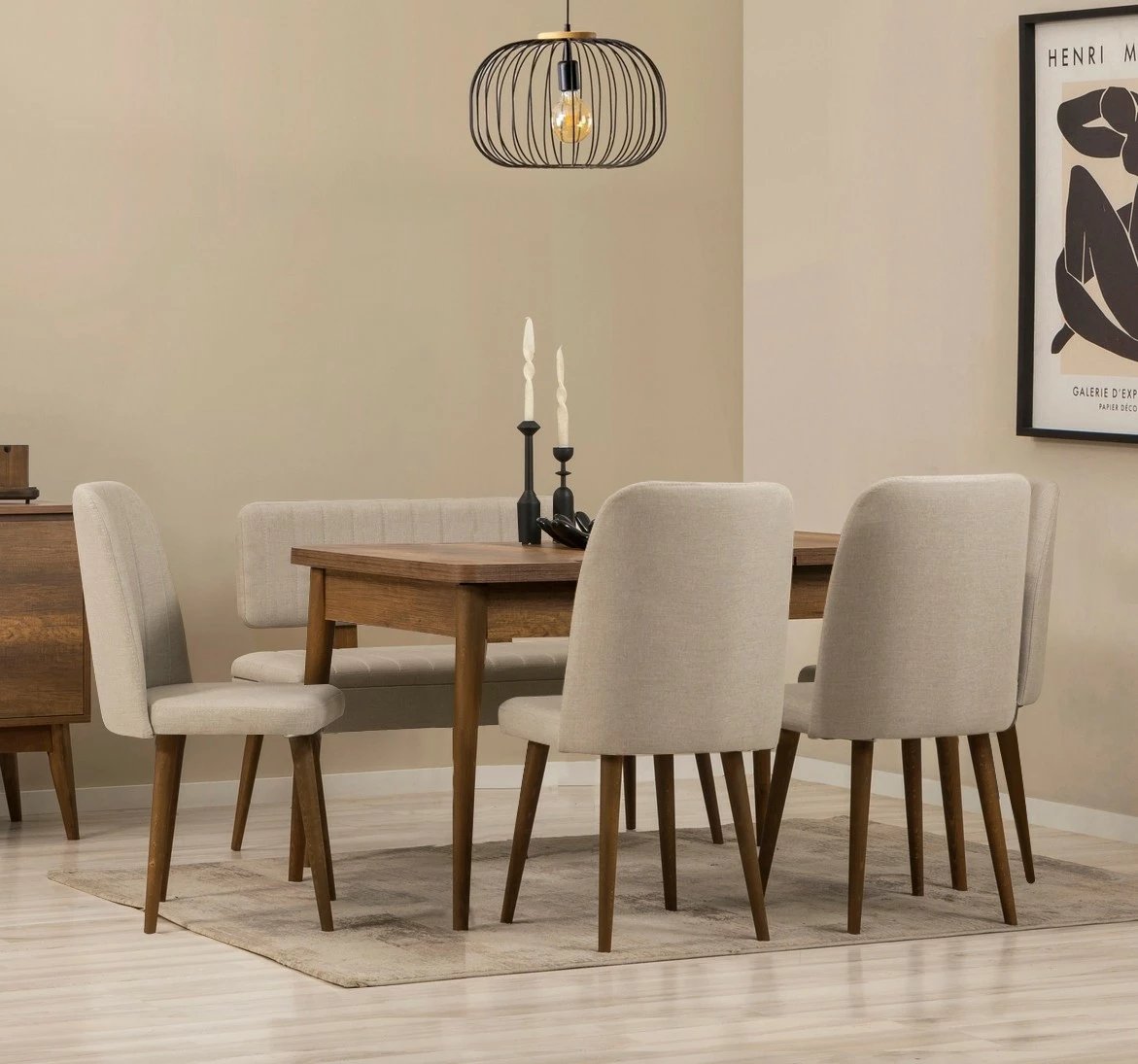 Set tavoline me karrige për ngrënie, zgjatues, 6 pjesë, Skye Decor, ngjyrë arre, krem