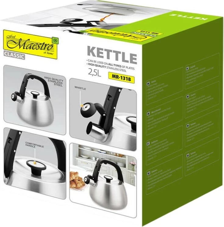 Çajnik jo-elektrik Feel-Maestro MR-1318 2.5 L me fishkë, inox, argjendtë