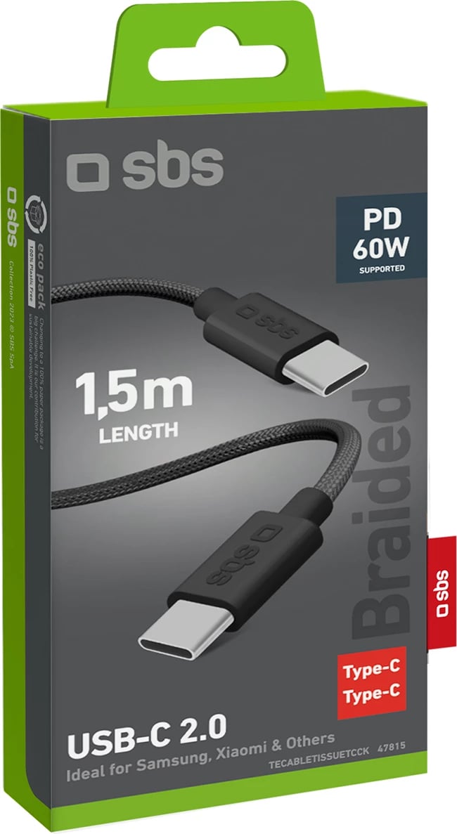 Kabllo USB-C në USB-C SBS TECABLETISSUETCK, 1.5m, 60W, e zezë