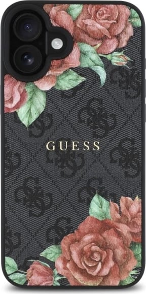 Mbështjellës Guess GUHMP16SP4ROPEMCK për iPhone 16 6.1", hardcase, MagSafe, i zi me lule