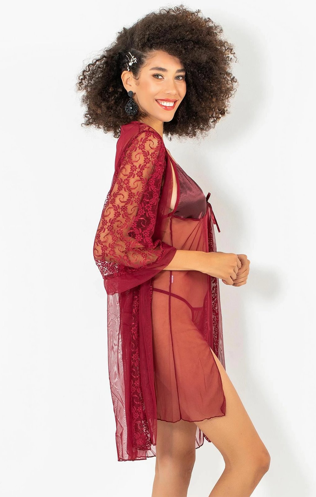 Set fustan nate me peniuar, ngjyrë e kuqe e thellë, Jumeon 011-008003