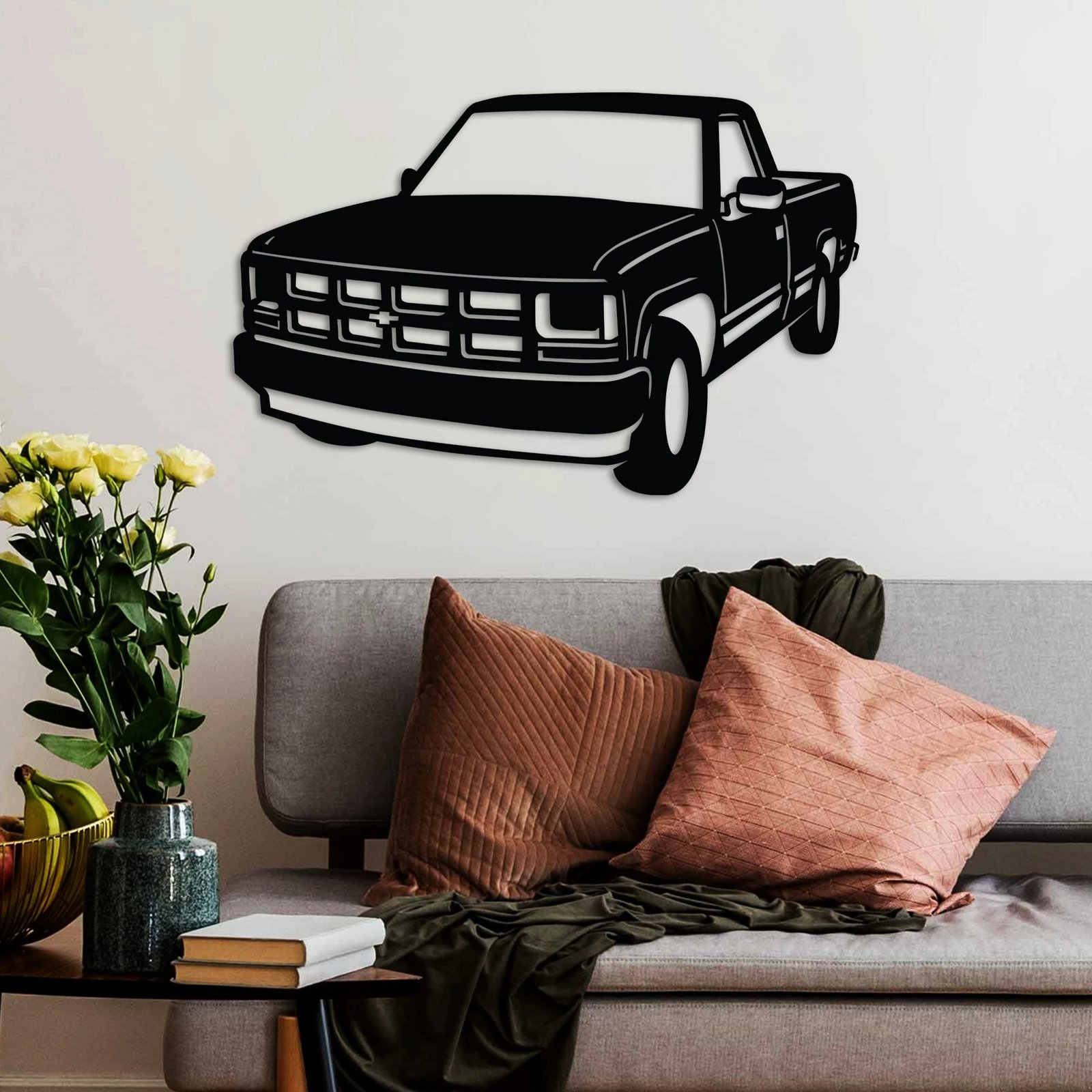 Aksesor dekorativ metalik për mur, Wallity, Chevrolet C-K (1994-1996), ngjyrë e zezë, 60x39cm