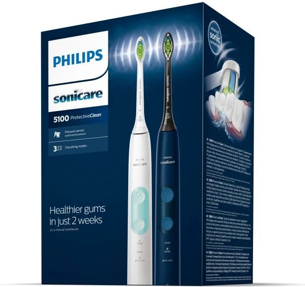 Furçë dhëmbësh elektrike, Philips Sonicare ProtectiveClean 5100 HX6851/34, sensor presioni, 3 mënyra pastrimi, timer, me kuti udhëtimi, bardhë dhe e zezë, set 2 doreza