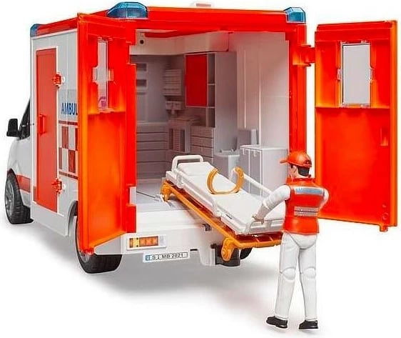 Lodër ambulancë BRUDER Mercedes-Benz Sprinter me figurë paramediku, 1:16, Kuqe/Bardhë