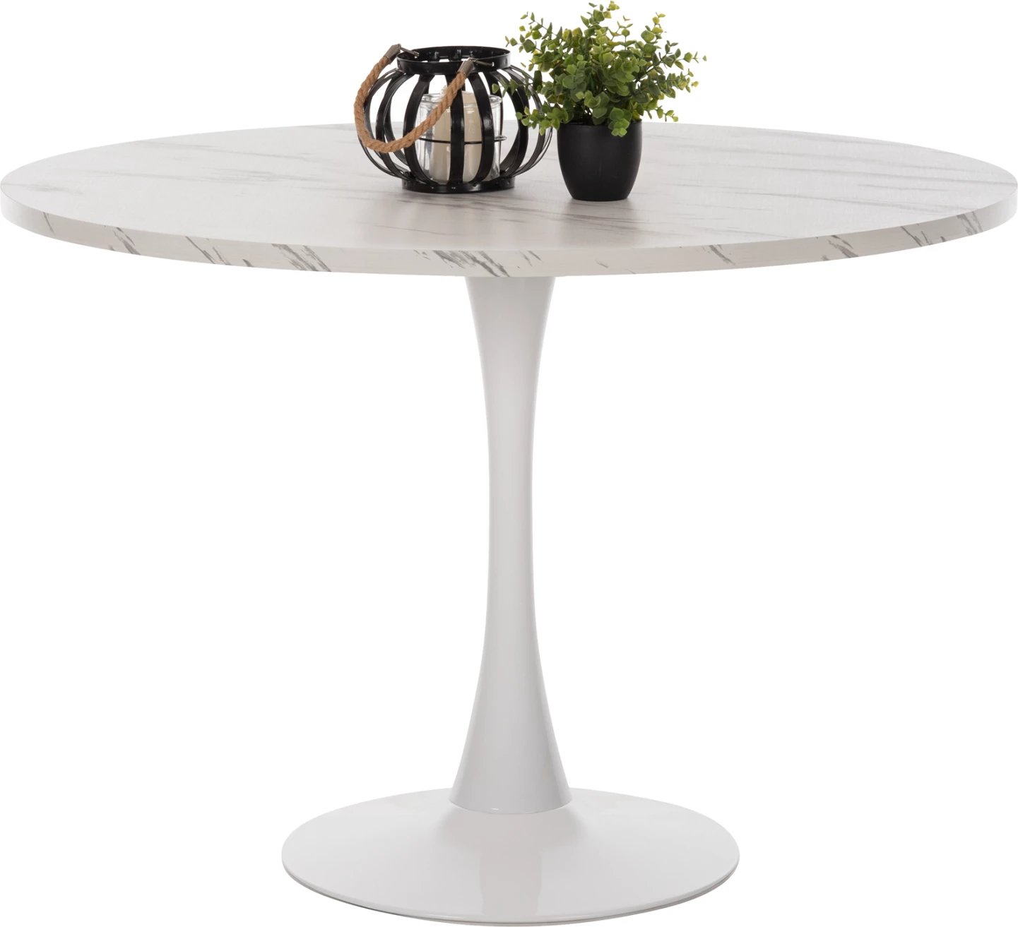 Tavolinë rrumbullake për ngrënie ROLLO, melaminë ngjyrë mermeri të bardhë, këmbë metalike, FH9422.11, 120x74cm