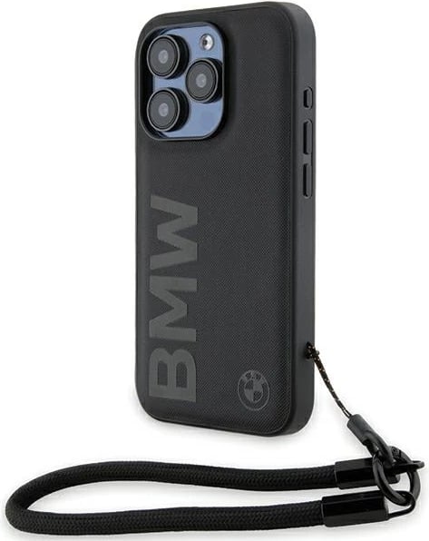 Mbështjellës BMW Signature Leather Wordmark Cord për iPhone 15 Pro, lëkurë, i zi