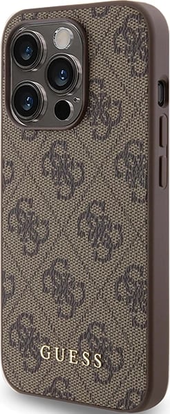 Mbështjellës Guess 4G Metal Gold Logo për iPhone 15 Pro, Kafe