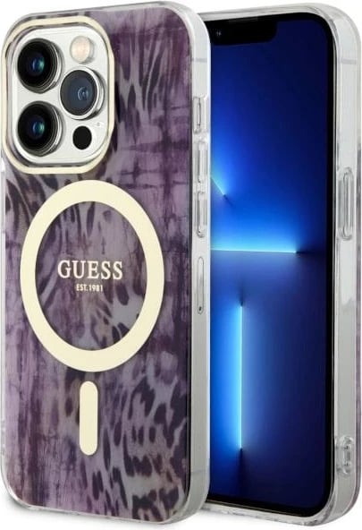 Mbështjellës Guess Leopard MagSafe për iPhone 14 Pro Max 6.7", rozë