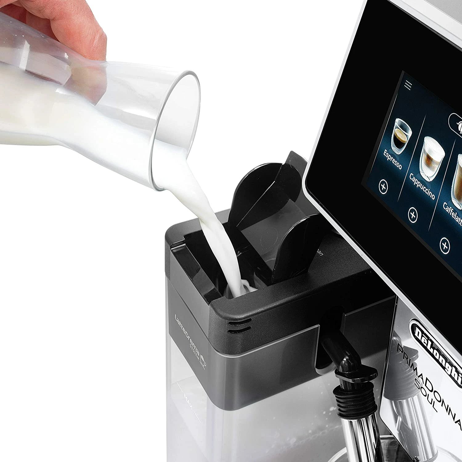 Makineri kafeje automatike, DeLonghi PrimaDonna Soul ECAM610.55.SB, 19 bar, rezervuar uji 2.2 L, kontejner kokrrash 500 g, ekran TFT me prekje, argjendtë