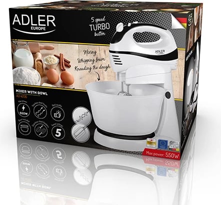 Mikser me tas rrotullues Adler AD 4206, 300W 5 shpejtësi Turbo, 3L, bardhë/zi