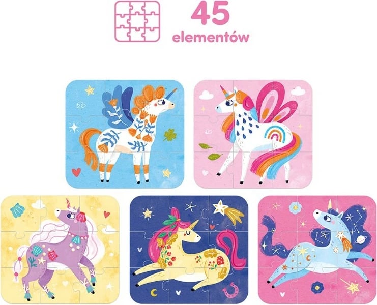 Puzzle fëmijësh CzuCzu Fairy Tale Unicorns, 45 pjesë, shumëngjyrëshe, set prej 5 copësh