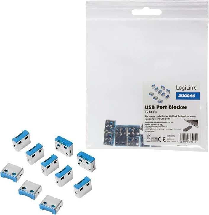 Set bllokues USB LogiLink AU0046, pa çelës, 10 copë, Blu