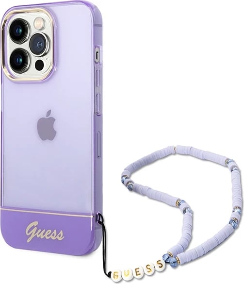 Mbështjellës Guess GUHCP14XHGCOHU për iPhone 14 Pro Max 6.7", Translucent Pearl Strap, vjollcë