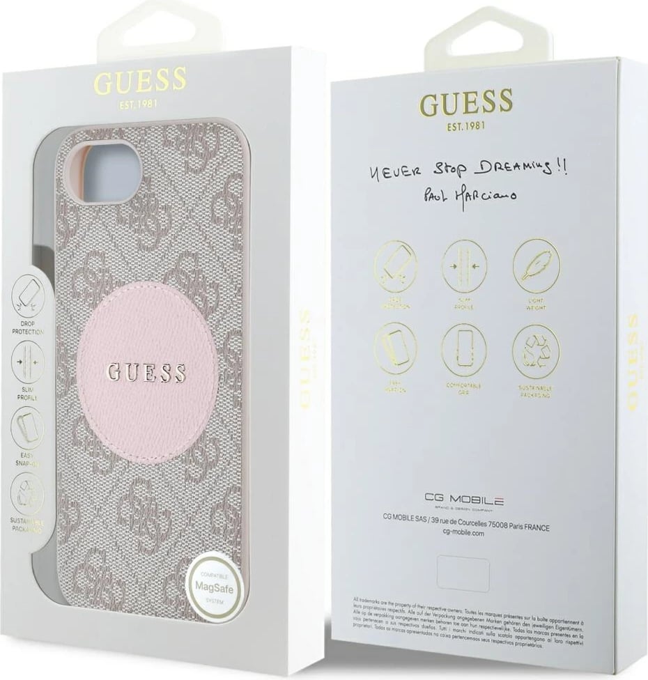 Mbështjellës Guess 4G Circle Classic Logo MagSafe për iPhone 16e, rozë