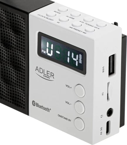radio dixhitale PLL AM/FM, Adler AD 1908, Bluetooth 5.0, USB/SD, memorie 20 stacione, ekran LCD, 1.2 W, bateri 800 mAh, bardh e zezë