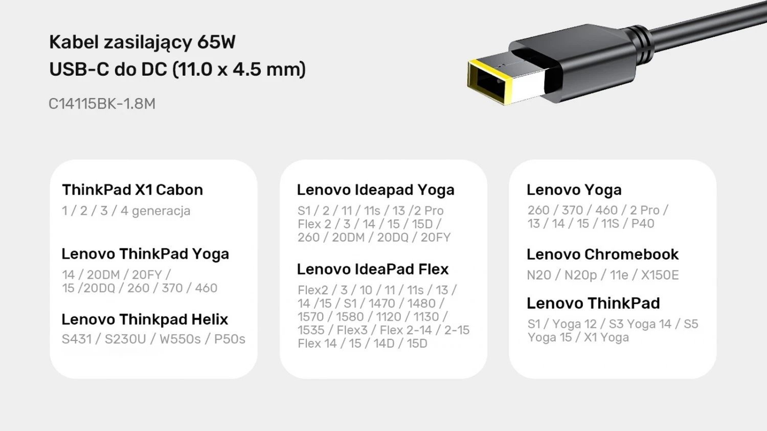 Kabeli i Energjisë për Laptop Unitek 65W USB-C - DC11*4,5mm, i zi