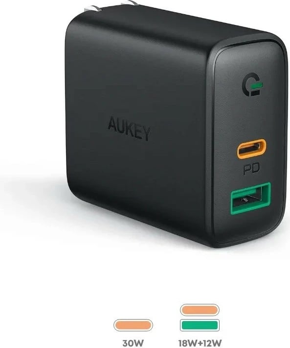 Karikues muri, AUKEY PA-D1, USB Power Delivery 30W, 2 porte (USB-C + USB-A), Dynamic Detect, e zezë