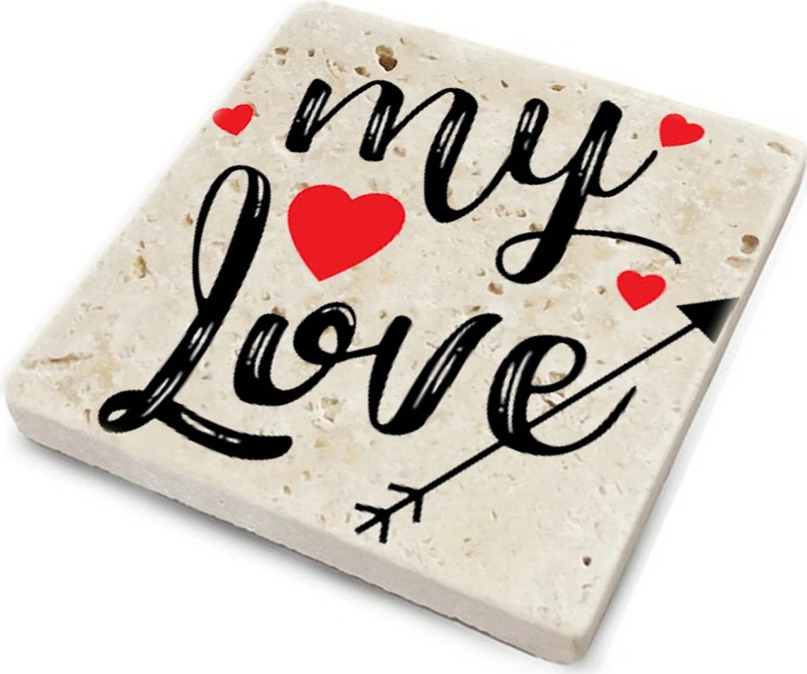 Set 4 copë mbrojtëse guri natyral për gota, shumëngjyrëshe, 10x10x1cm, 'my love'