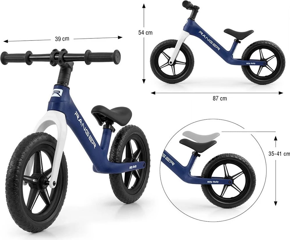 biçikletë pa pedale, Milly Mally Ranger Flash, 12", kornizë kompozite, goma EVA me LED, sedile e rregullueshme, blue navy