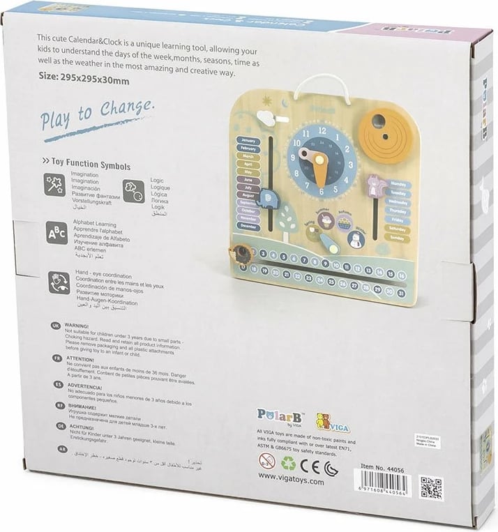 Lodër edukative kalendër druri me orë, Viga, PolarB, 29.5 x 29.5 x 3 cm, multingjyrësh