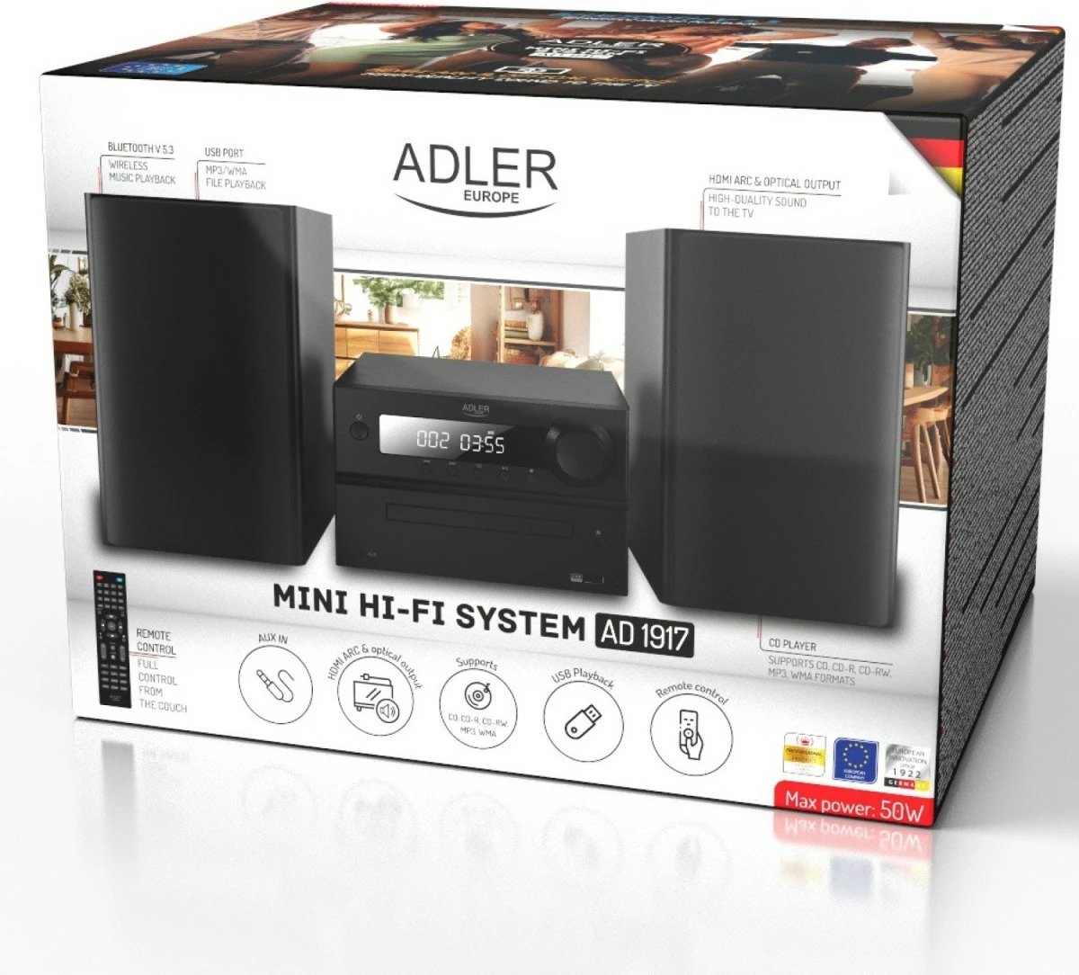 Mini sistem Hi-Fi, Adler, AD1917, CD, Bluetooth 5.3, HDMI ARC, FM, 2.0 50W, e zezë