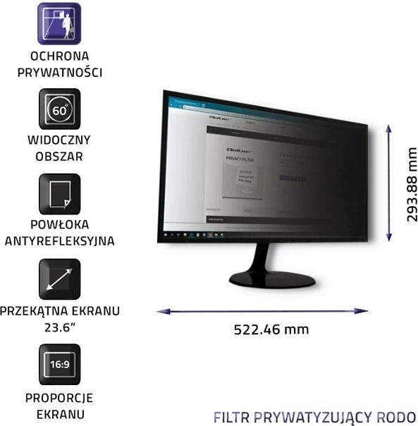 Filtër privatësie për monitor Qoltec 51058, 23.6 inç, 16:9, i zi, për monitor