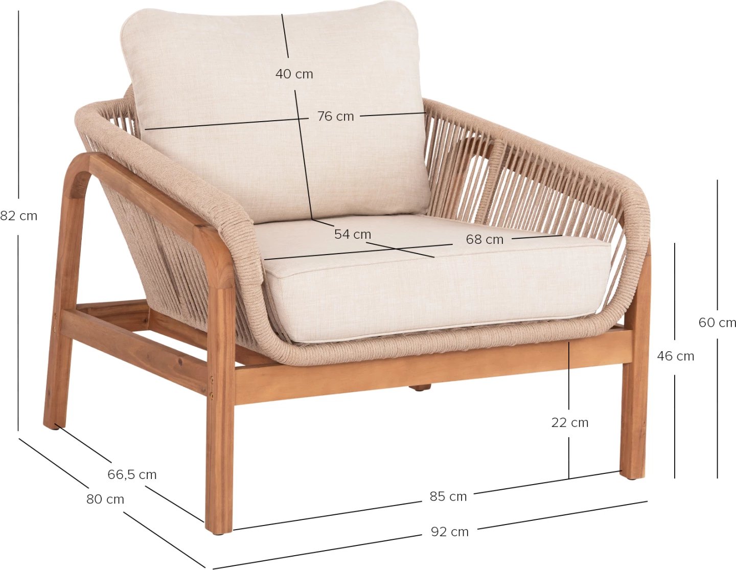 Karrige lounge për jashtë Oasis, dru akacie, alumin & litar, bezhë, 92x80x71.5-82cm