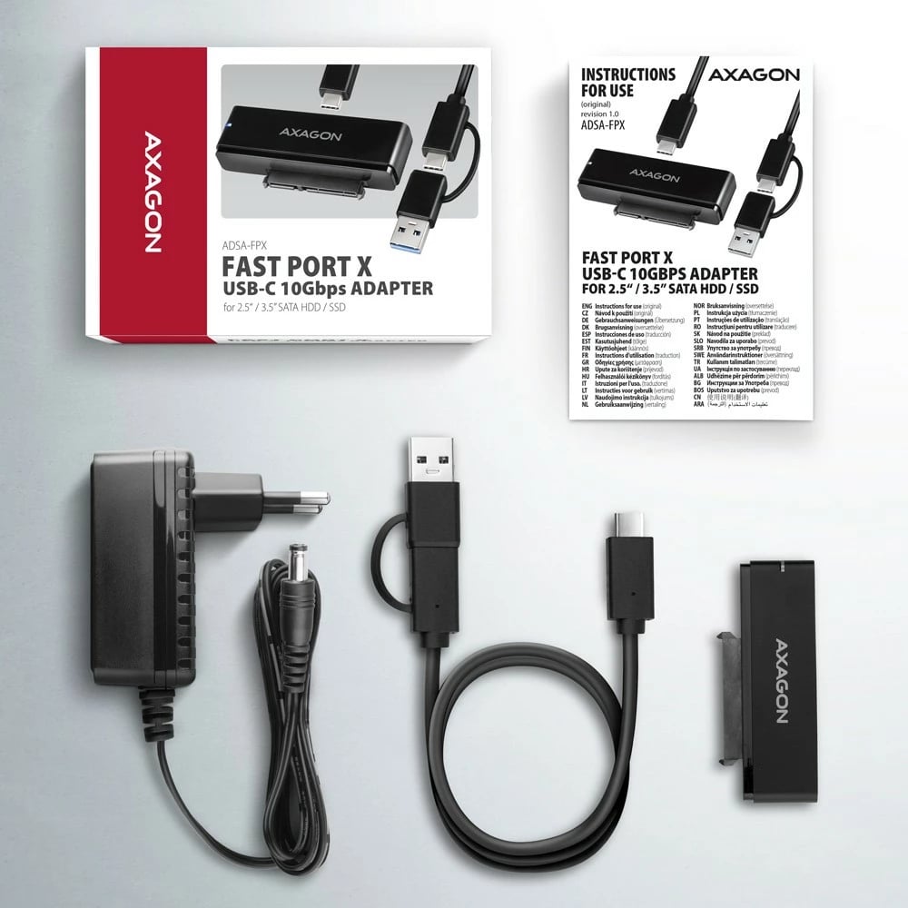 Adapter USB-C në SATA AXAGON ADSA-FPX, 10Gbps, për SSD/HDD 2.5"/3.5", me furnizim rryme, 60cm kabllo, i zi