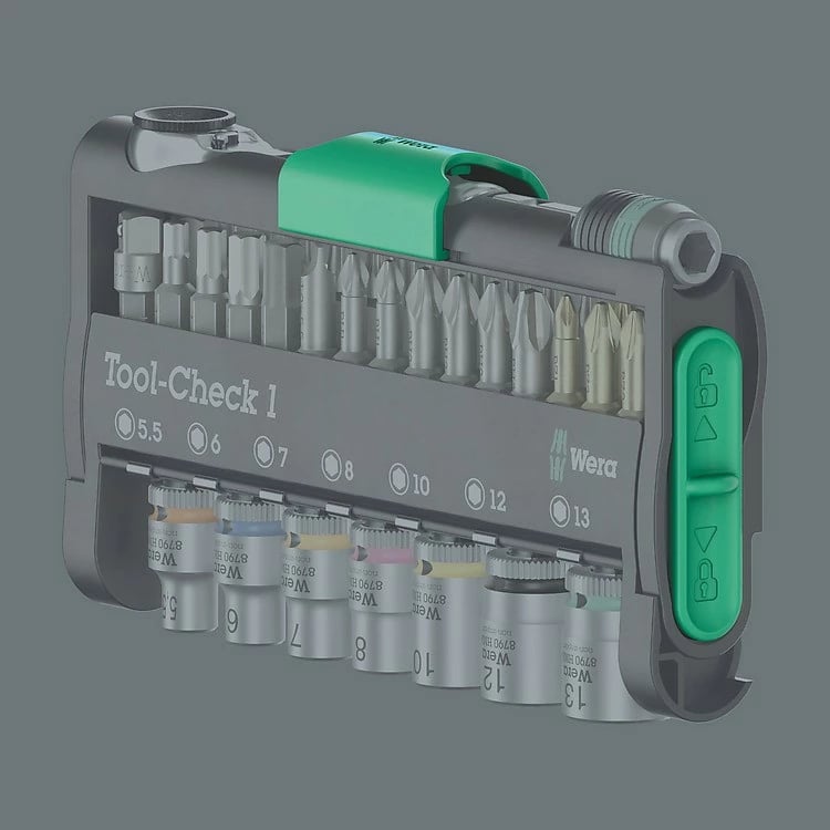 Set veglash Wera Tool-Check 1, kasetë kompakte, ngjyrë e zezë/jeshile/inoks