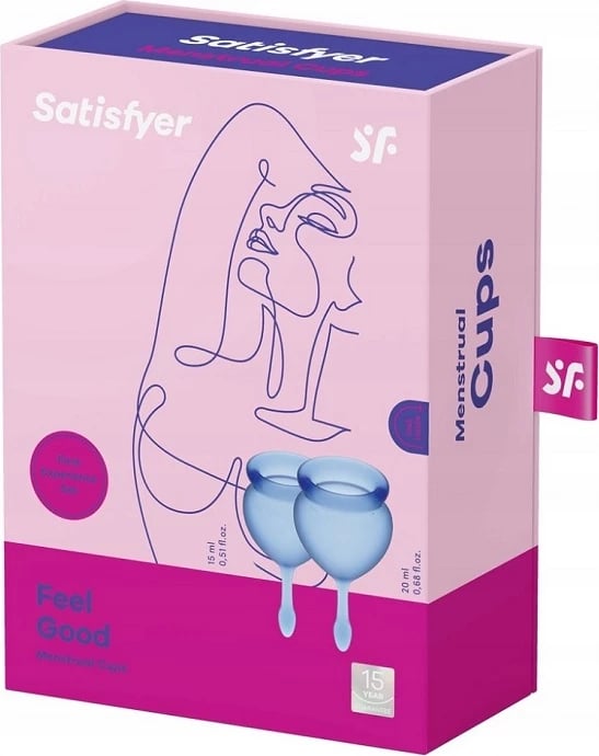 Kupë menstruale Satisfyer Feel Good për femra, set 2 copë, 15ml + 20ml, kaltër e errët