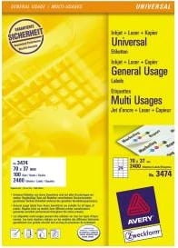 Etiketa vetëngjitëse, Avery Zweckform, 3474, 70 x 37 mm, A4, 100 fletë, e bardhë