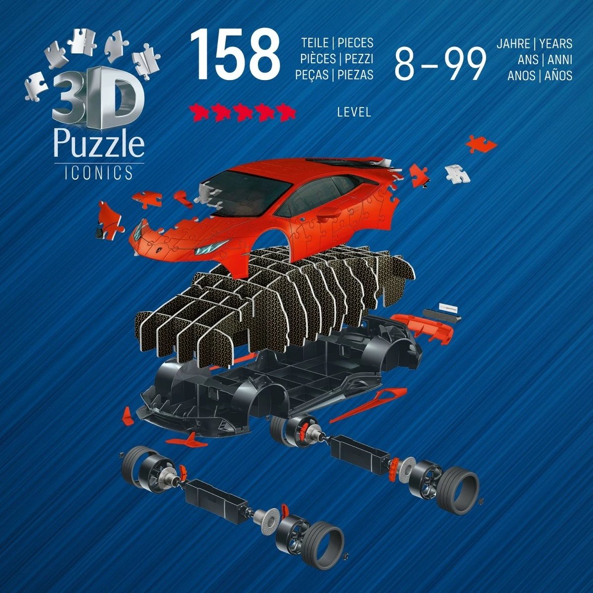 Puzzle 3D Lamborghini Huracan EVO Ravensburger, 158 pjesë, portokalli