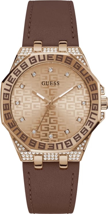 Orë dore GUESS INSIGNIA për femra, rozë gold me rrip kafe