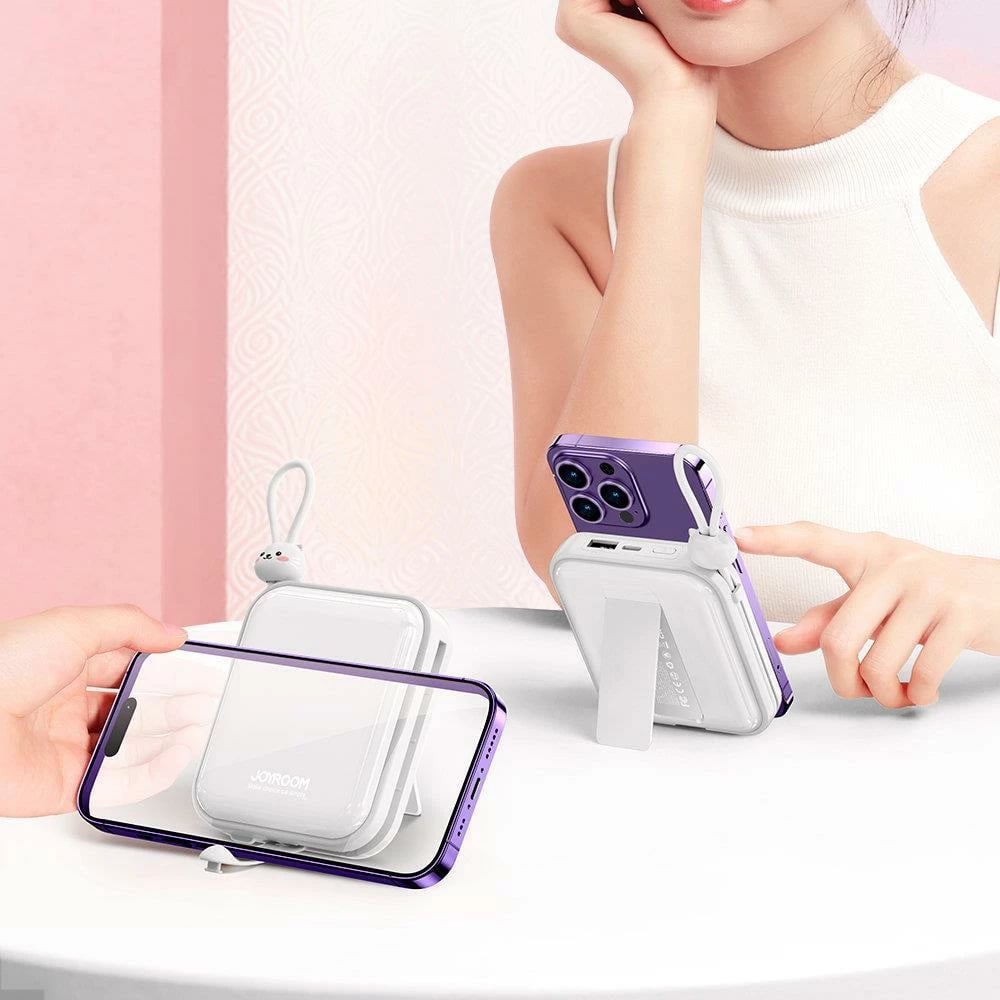 Powerbank Joyroom Cutie Series JR-L008, 10000mAh, 22.5W, me kabllo USB-C dhe Lightning, me stand, Bardhë