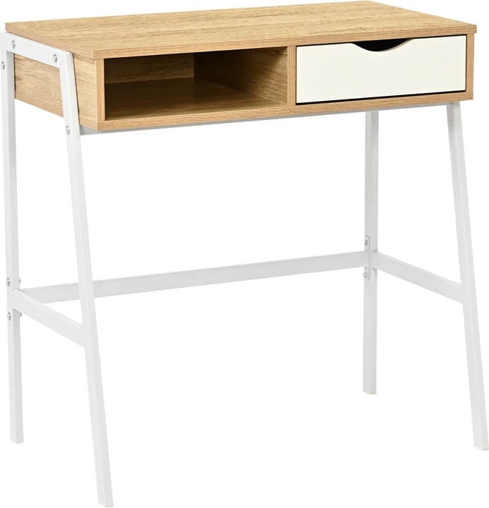 Tavolinë pune me raft dhe sirtar Rezio, ngjyrë lis-e bardhë, këmbë metalike të zeza, 75x45x76cm