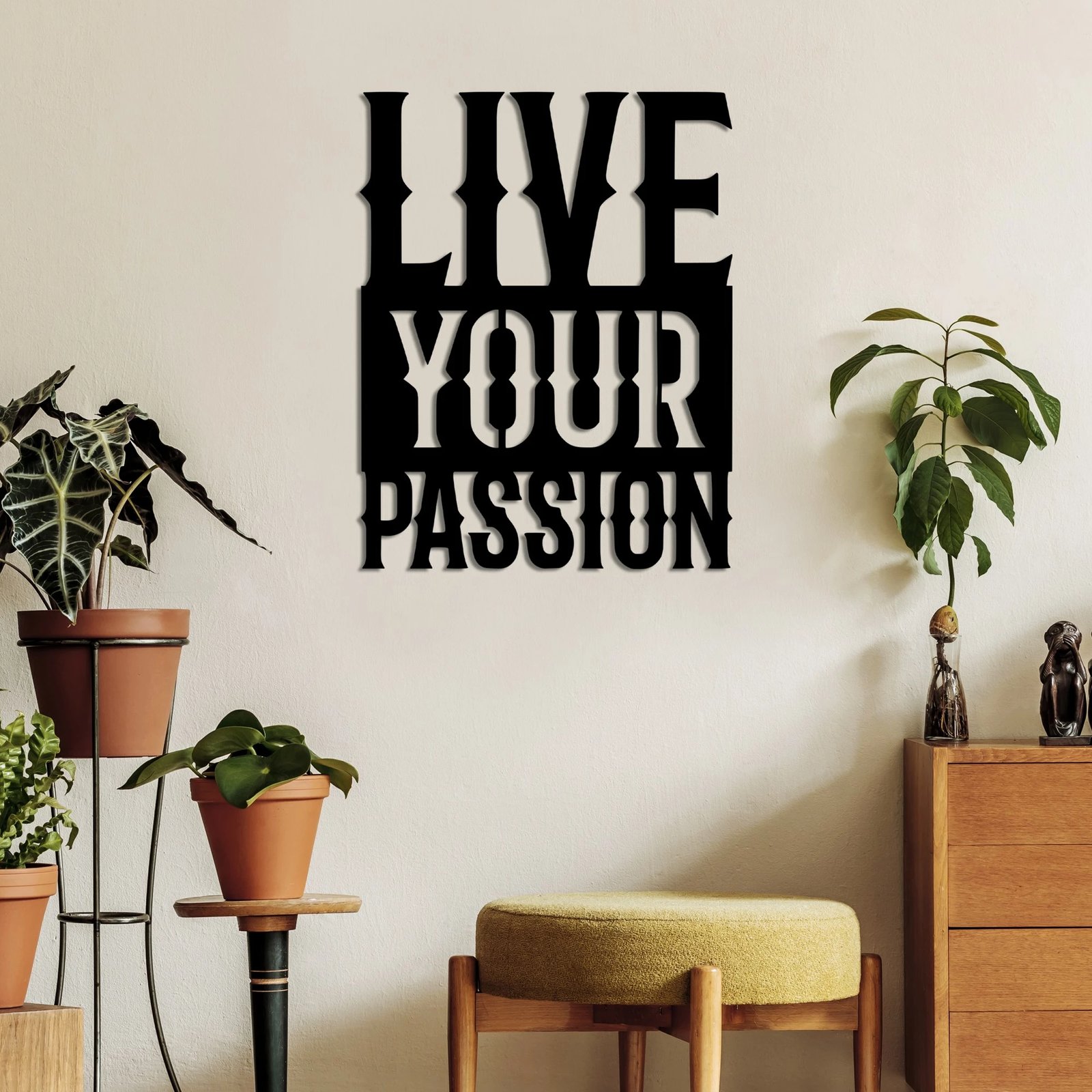 Aksesor dekorativ metalik për mur, Wallity, Live Your Passion, ngjyrë e zezë, 40x51cm