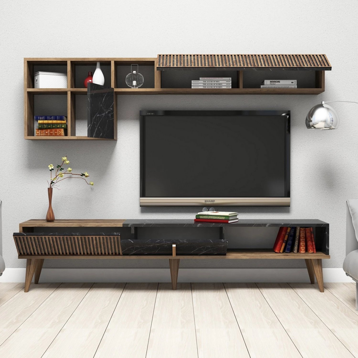 Kompozim për dhomë ndeje FH11847.02 2 pjesë në pamje arre dhe mermeri të zi