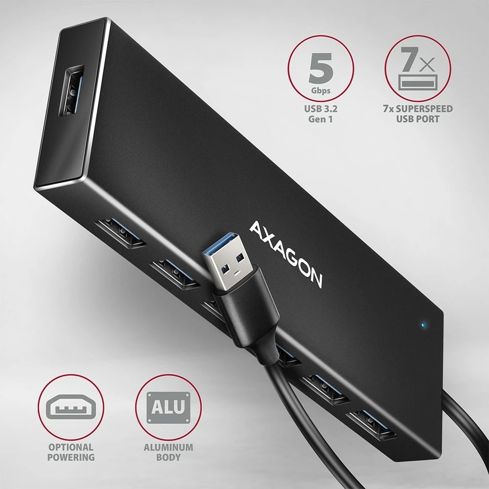 Hub USB AXAGON HUE-F7A, 7 porta, USB 3.2 Gen 1, alumini, 1m kabllo, i zi