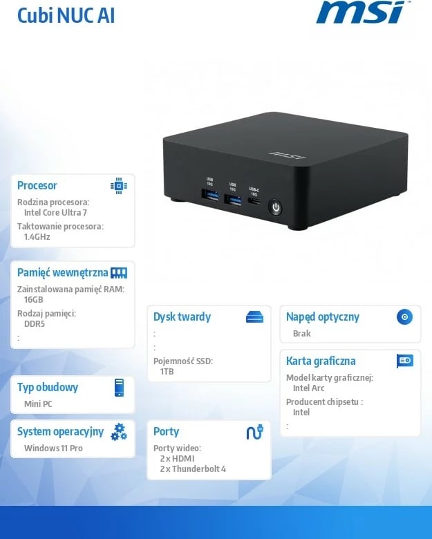 Kompjuter mini, MSI Cubi NUC AI 1UMG-06SEU, Intel Core Ultra 7 155H, 16GB RAM Memorje, SSD 1TB, Windows 11 Pro, Wi‑Fi/BT 5.3, Thunderbolt 4, zi