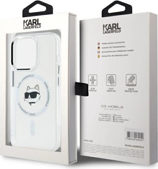 Mbështjellës Karl Lagerfeld IML Metal Choupette Head MagSafe për iPhone 15 Pro Max, Bardhë